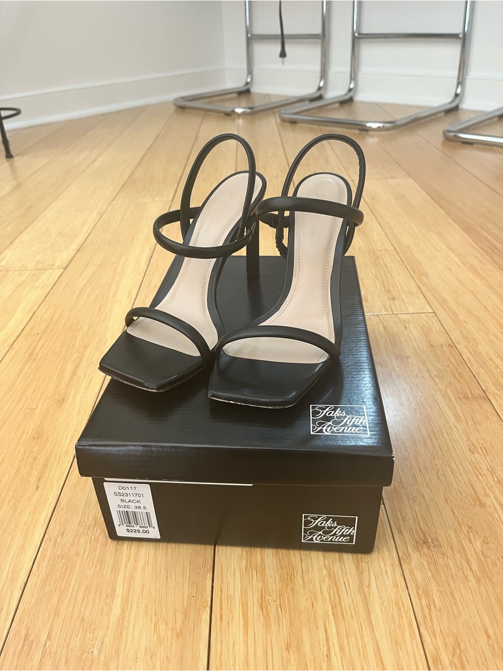 Saks Fifth Avenue Black Strappy Square-Toe Slingback Heels